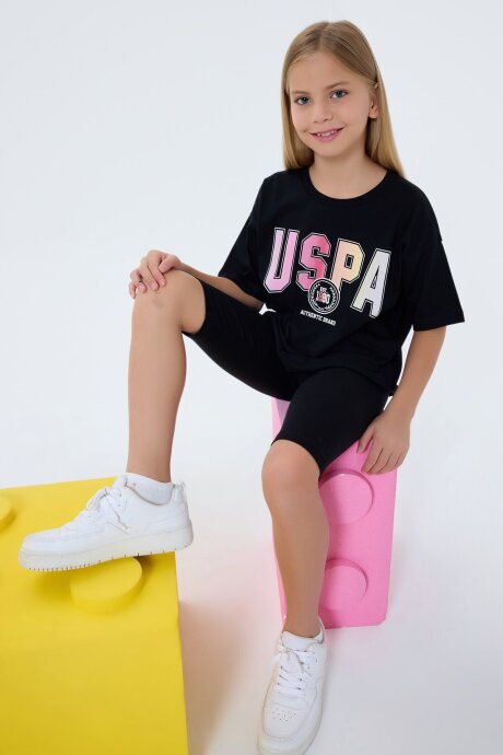 U.S. Polo Assn. Kız Çocuk Bisiklet Yaka Nakışlı Yazlık Relaxed Fit Siyah Tayt Takım US2517-C-V2 (1)