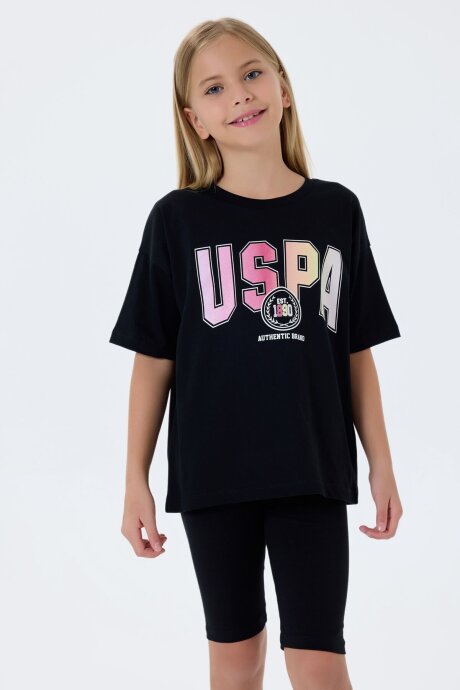 U.S. Polo Assn. Kız Çocuk Bisiklet Yaka Nakışlı Yazlık Relaxed Fit Siyah Tayt Takım US2517-C-V2 - 3