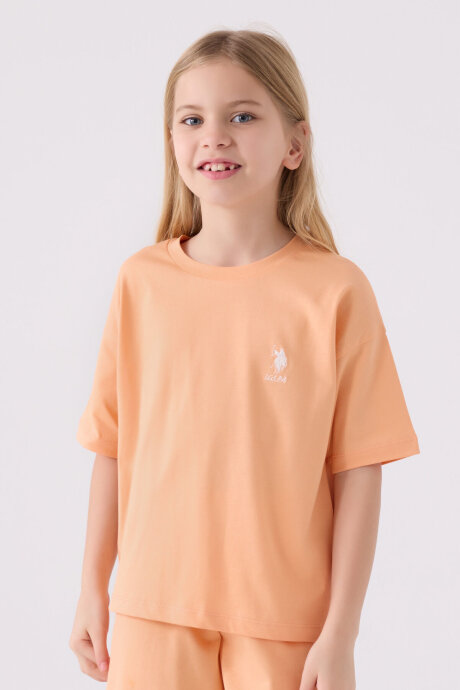 U.S. Polo Assn. Kız Çocuk Pamuklu Bisiklet Yaka Sargı Nakışlı Yazlık Regular Fit Turuncu Bermuda Takım US1848-C-V37 - 2