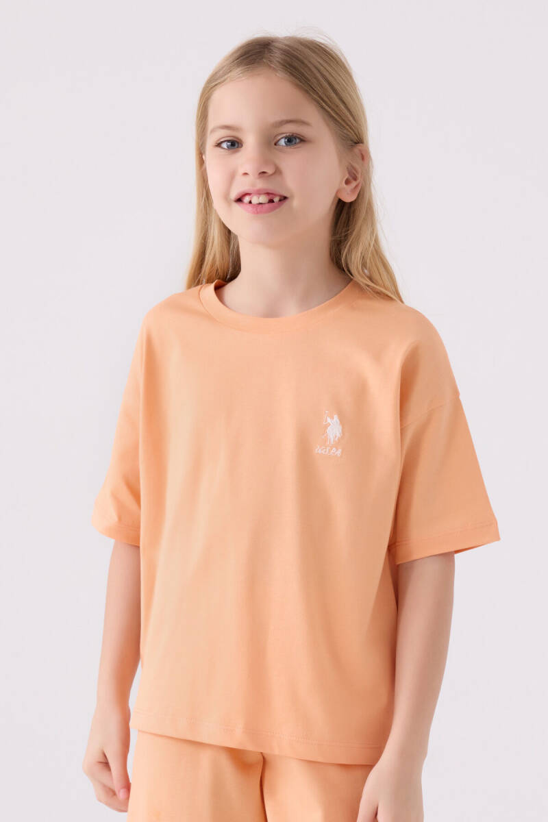 U.S. Polo Assn. Kız Çocuk Pamuklu Bisiklet Yaka Sargı Nakışlı Yazlık Regular Fit Turuncu Bermuda Takım US1848-C-V37 - 2