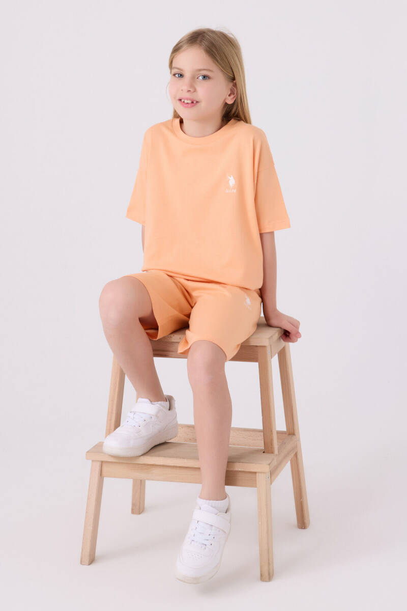 U.S. Polo Assn. Kız Çocuk Pamuklu Bisiklet Yaka Sargı Nakışlı Yazlık Regular Fit Turuncu Bermuda Takım US1848-C-V37 - 3