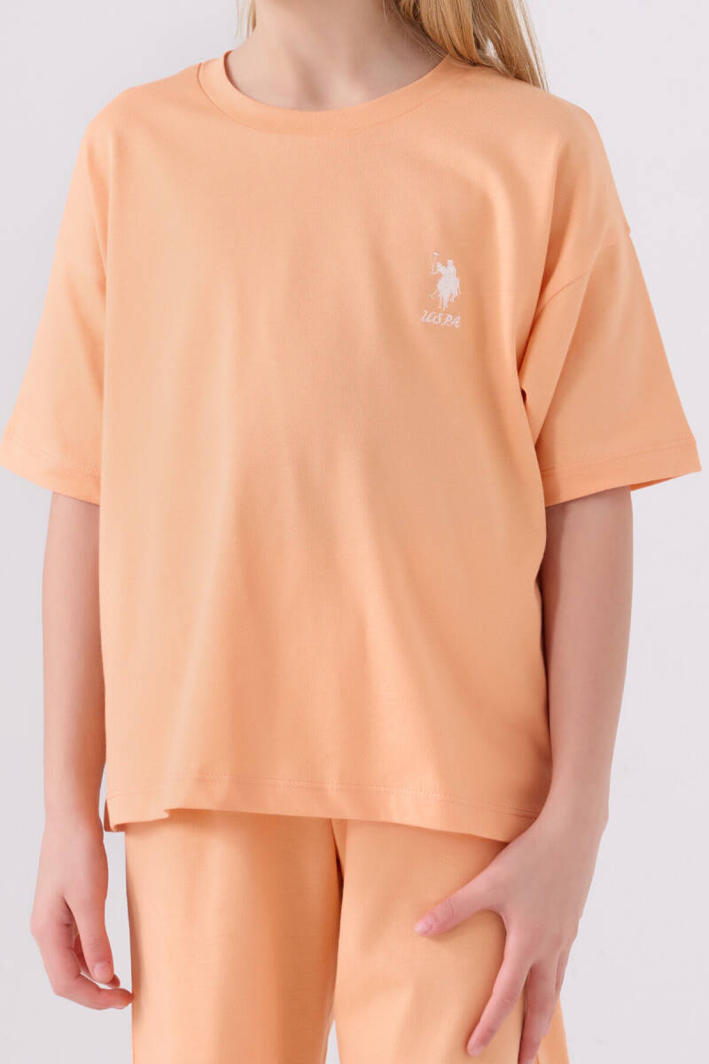 U.S. Polo Assn. Kız Çocuk Pamuklu Bisiklet Yaka Sargı Nakışlı Yazlık Regular Fit Turuncu Bermuda Takım US1848-C-V37 - 4
