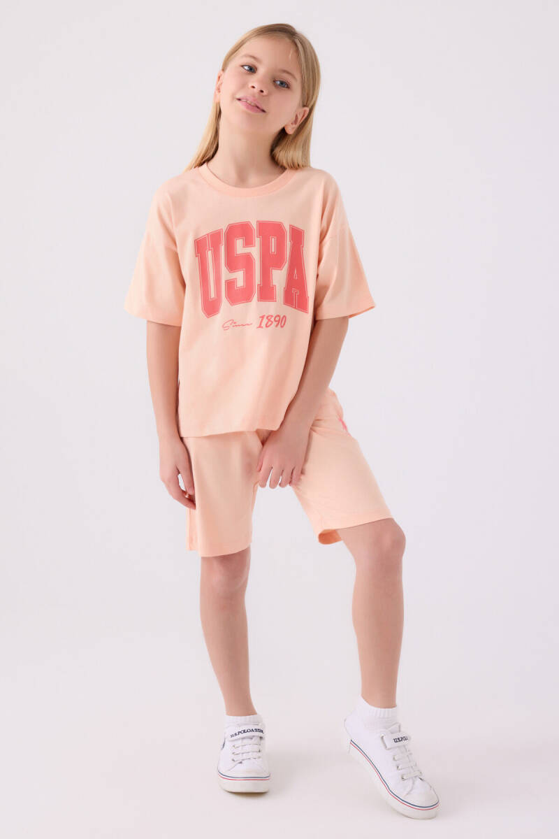 U.S. Polo Assn. Kız Çocuk Pamuklu Bisiklet Yaka Pigment Baskılı Yazlık Regular Fit Pembe Bermuda Takım US1849-C-V1 - 1