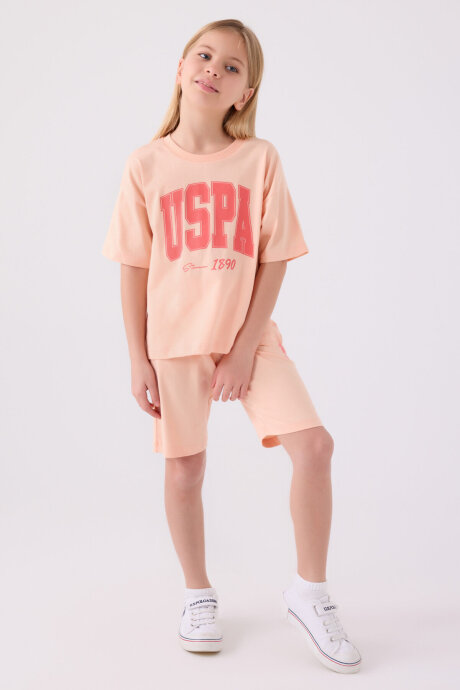 U.S. Polo Assn. Kız Çocuk Pamuklu Bisiklet Yaka Pigment Baskılı Yazlık Regular Fit Pembe Bermuda Takım US1849-C-V1 - 1