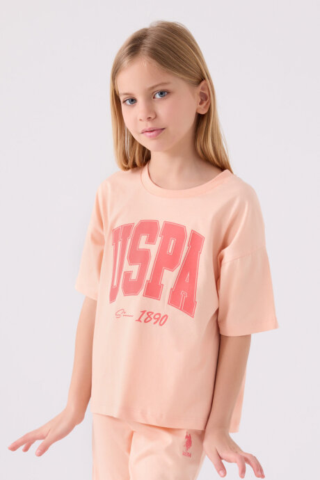 U.S. Polo Assn. Kız Çocuk Pamuklu Bisiklet Yaka Pigment Baskılı Yazlık Regular Fit Pembe Bermuda Takım US1849-C-V1 - 2
