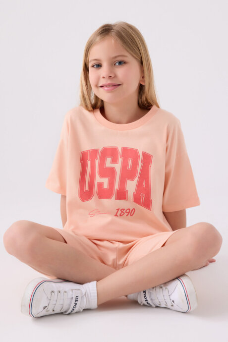 U.S. Polo Assn. Kız Çocuk Pamuklu Bisiklet Yaka Pigment Baskılı Yazlık Regular Fit Pembe Bermuda Takım US1849-C-V1 - 3