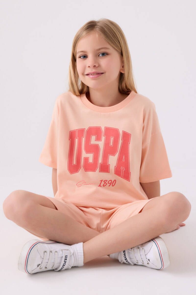 U.S. Polo Assn. Kız Çocuk Pamuklu Bisiklet Yaka Pigment Baskılı Yazlık Regular Fit Pembe Bermuda Takım US1849-C-V1 - 3