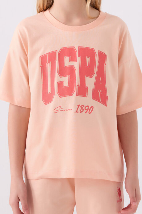 U.S. Polo Assn. Kız Çocuk Pamuklu Bisiklet Yaka Pigment Baskılı Yazlık Regular Fit Pembe Bermuda Takım US1849-C-V1 - 4