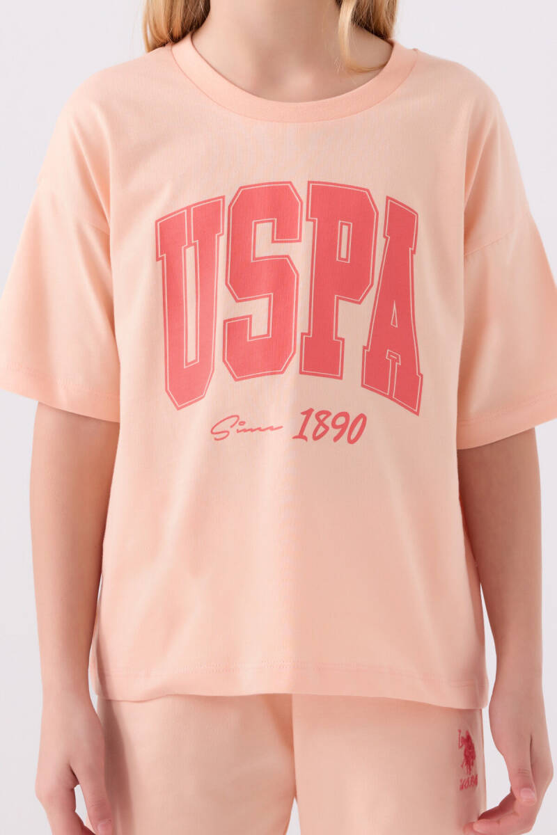 U.S. Polo Assn. Kız Çocuk Pamuklu Bisiklet Yaka Pigment Baskılı Yazlık Regular Fit Pembe Bermuda Takım US1849-C-V1 - 4