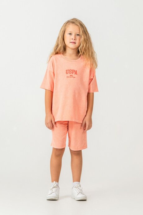 U.S. Polo Assn. Kız Çocuk %100 Pamuk Bisiklet Yaka Nakışlı Yazlık Regular Fit Turuncu Bermuda Takım US2530-C-V3 - 5