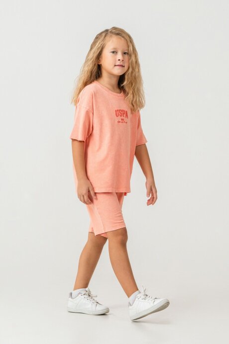 U.S. Polo Assn. Kız Çocuk Bisiklet Yaka Nakışlı Yazlık Regular Fit Turuncu Bermuda Takım US2530-C-V3 (1)
