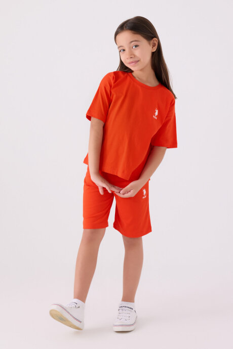 U.S. Polo Assn. Kız Çocuk Pamuklu Bisiklet Yaka Sargı Nakışlı Yazlık Regular Fit Turuncu Bermuda Takım US1848-C-V25