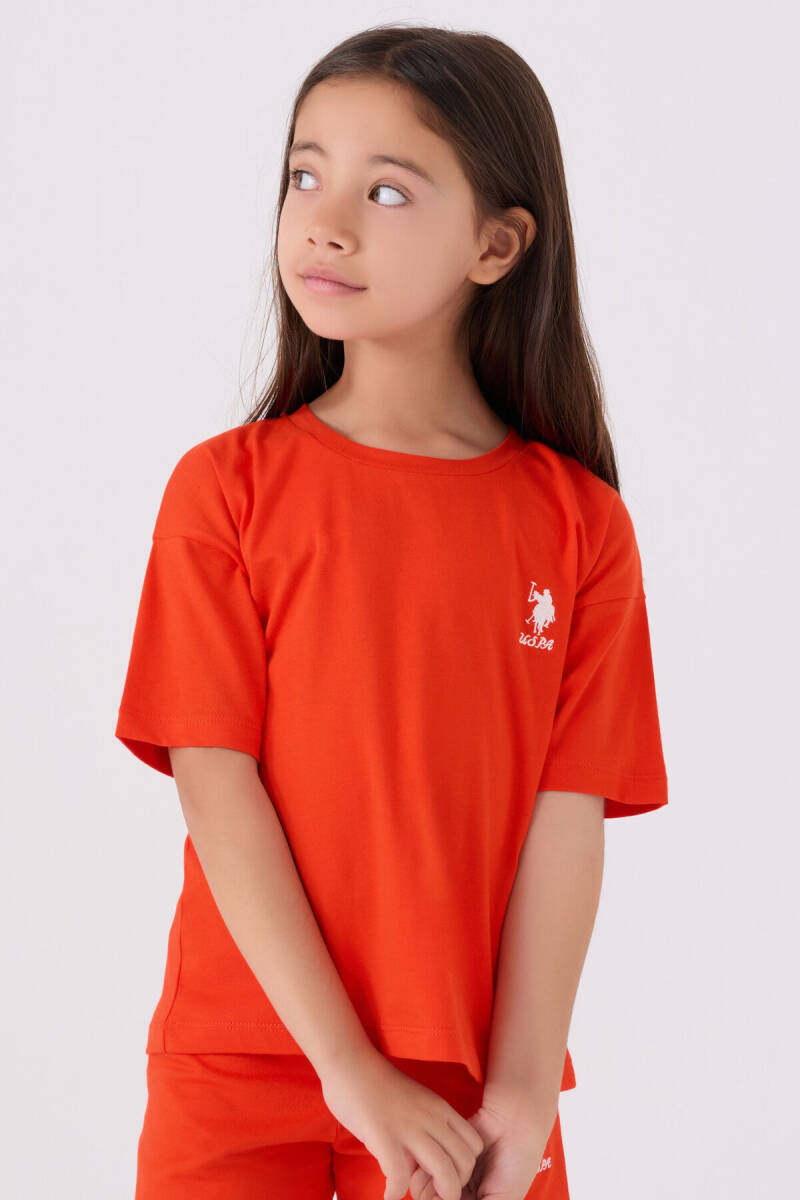 U.S. Polo Assn. Kız Çocuk Pamuklu Bisiklet Yaka Sargı Nakışlı Yazlık Regular Fit Turuncu Bermuda Takım US1848-C-V25 - 2