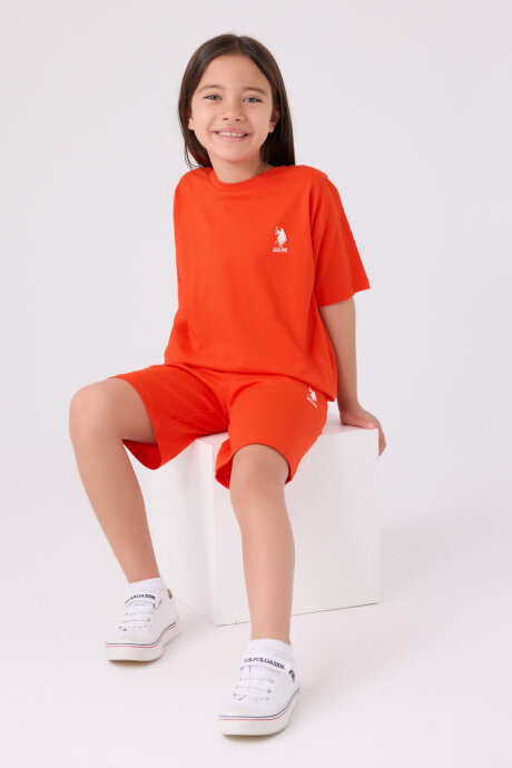 U.S. Polo Assn. Kız Çocuk Pamuklu Bisiklet Yaka Sargı Nakışlı Yazlık Regular Fit Turuncu Bermuda Takım US1848-C-V25 - 3