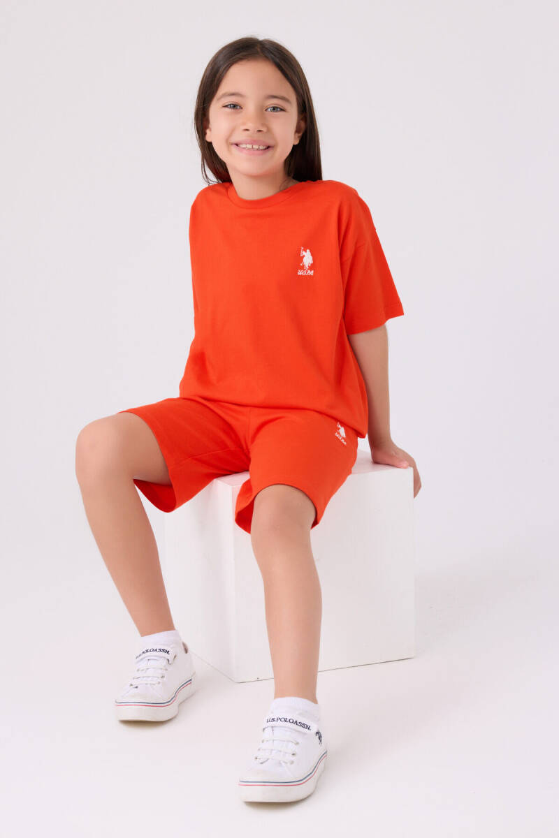 U.S. Polo Assn. Kız Çocuk Pamuklu Bisiklet Yaka Sargı Nakışlı Yazlık Regular Fit Turuncu Bermuda Takım US1848-C-V25 - 3