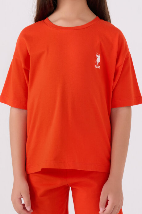 U.S. Polo Assn. Kız Çocuk Pamuklu Bisiklet Yaka Sargı Nakışlı Yazlık Regular Fit Turuncu Bermuda Takım US1848-C-V25 - 4