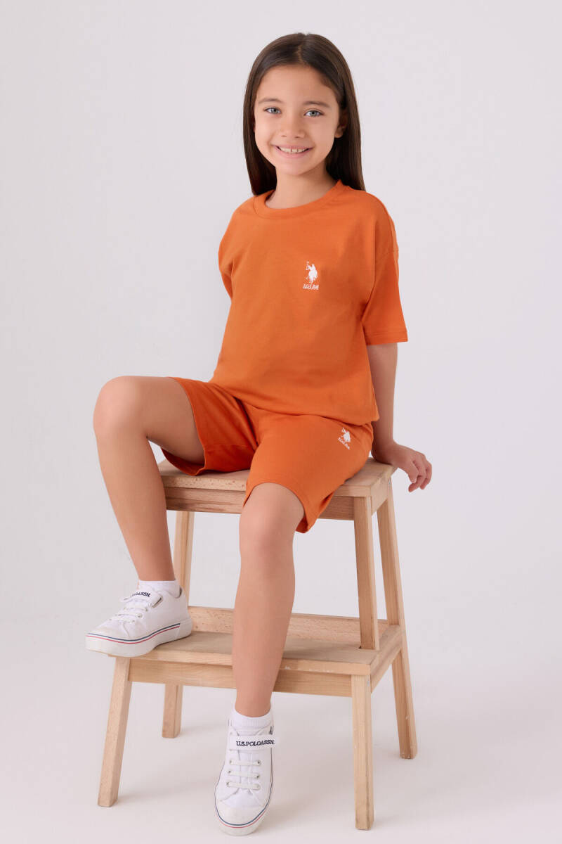 U.S. Polo Assn. Kız Çocuk Bisiklet Yaka Sargı Nakışlı Yazlık Regular Fit Turuncu Bermuda Takım US1848-C-V56 - 3