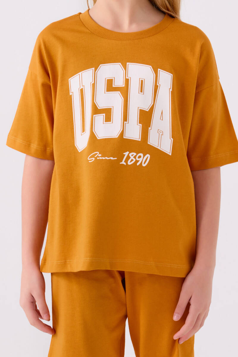 U.S. Polo Assn. Kız Çocuk Pamuklu Bisiklet Yaka Pigment Baskılı Yazlık Regular Fit Sarı Bermuda Takım US1849-C-V3 - 4
