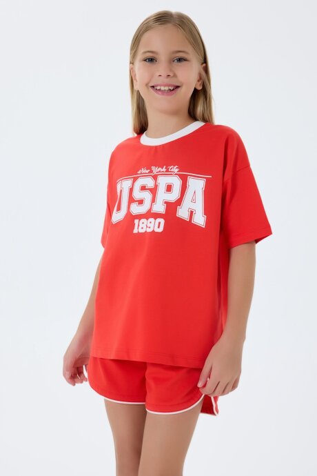 U.S. Polo Assn. Kız Çocuk Bisiklet Yaka Nakışlı Yazlık Regular Fit Turuncu Şort Takım US2524-C-V1