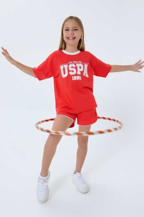 U.S. Polo Assn. Kız Çocuk Bisiklet Yaka Nakışlı Yazlık Regular Fit Turuncu Şort Takım US2524-C-V1 (1)