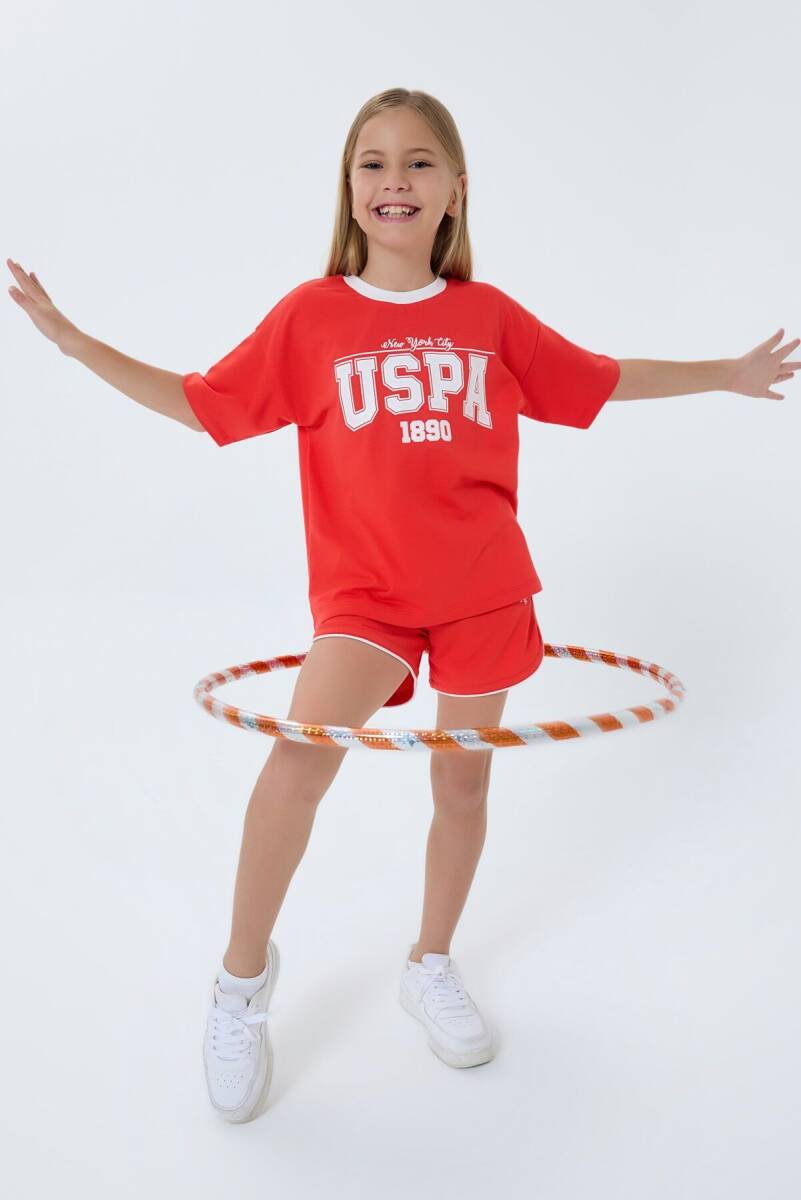 U.S. Polo Assn. Kız Çocuk %100 Pamuk Bisiklet Yaka Nakışlı Yazlık Regular Fit Turuncu Şort Takım US2524-C-V1 - 2