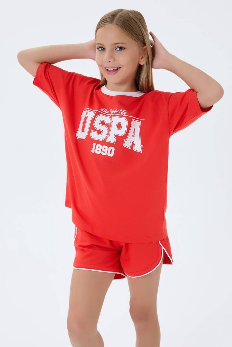 U.S. Polo Assn. Kız Çocuk %100 Pamuk Bisiklet Yaka Nakışlı Yazlık Regular Fit Turuncu Şort Takım US2524-C-V1 - 5