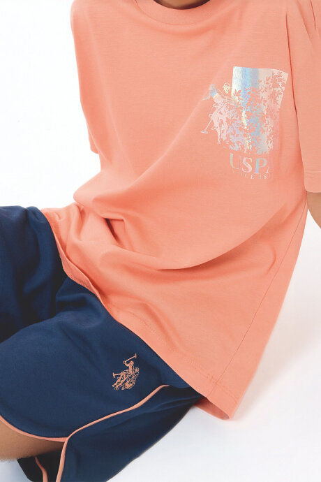 U.S. Polo Assn. Kız Çocuk Bisiklet Yaka Nakışlı Yazlık Regular Fit Turuncu Şort Takım US2522-C-V2 (1)