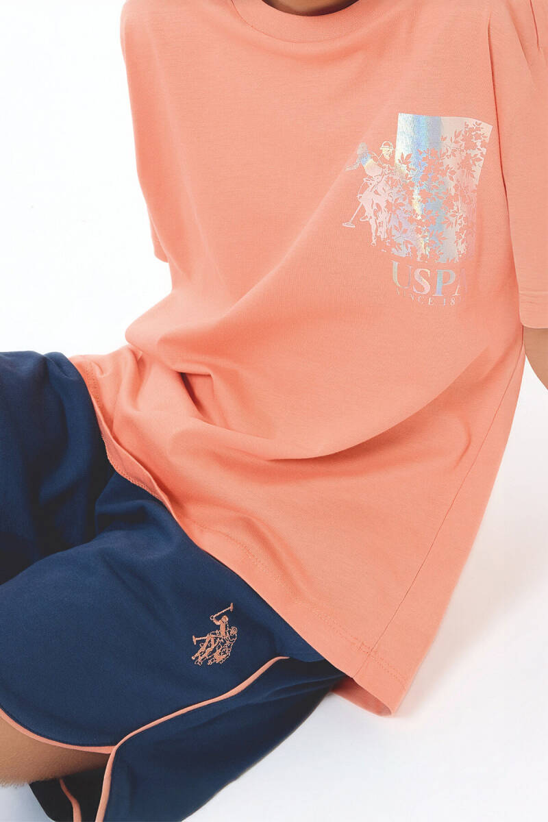 U.S. Polo Assn. Kız Çocuk Bisiklet Yaka Nakışlı Yazlık Regular Fit Turuncu Şort Takım US2522-C-V2 - 2
