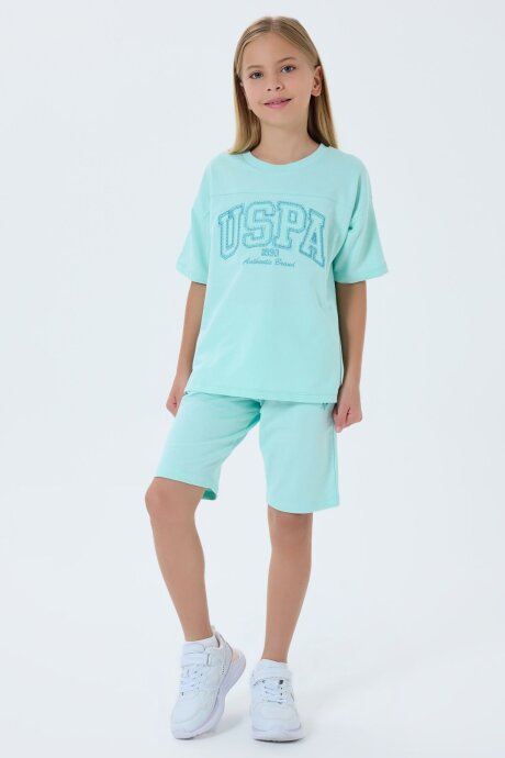 U.S. Polo Assn. Kız Çocuk Bisiklet Yaka Nakışlı Yazlık Regular Fit Yeşil Bermuda Takım US2527-C-V2 (1)