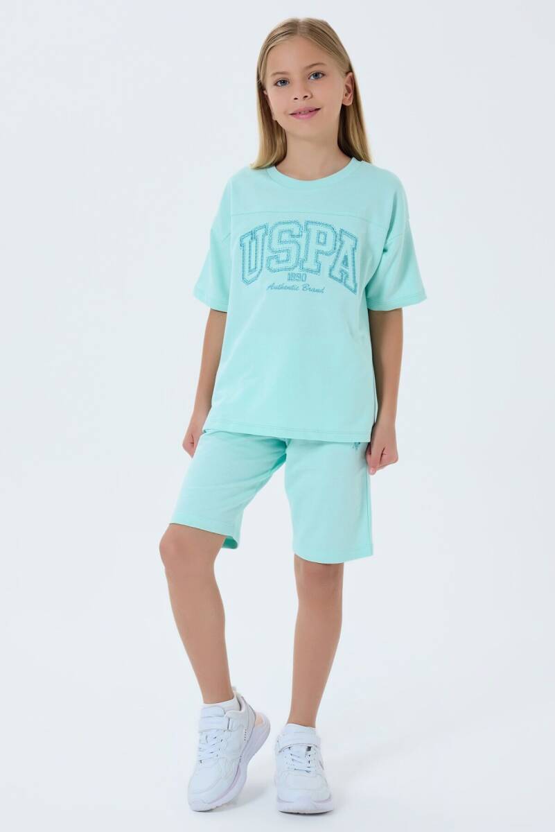 U.S. Polo Assn. Kız Çocuk %100 Pamuk Bisiklet Yaka Nakışlı Yazlık Regular Fit Yeşil Bermuda Takım US2527-C-V2 - 2