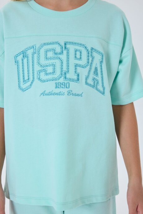 U.S. Polo Assn. Kız Çocuk %100 Pamuk Bisiklet Yaka Nakışlı Yazlık Regular Fit Yeşil Bermuda Takım US2527-C-V2 - 3
