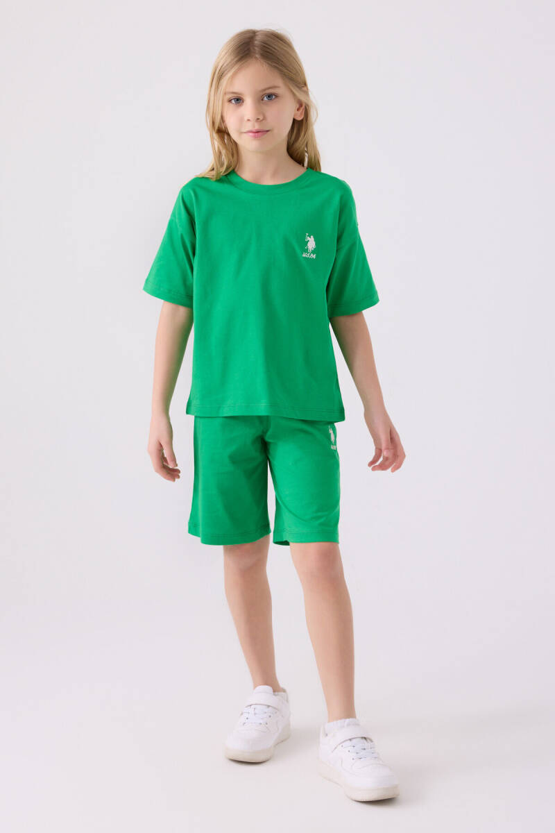U.S. Polo Assn. Kız Çocuk Pamuklu Bisiklet Yaka Sargı Nakışlı Yazlık Regular Fit Yeşil Bermuda Takım US1848-C-V1 - 1