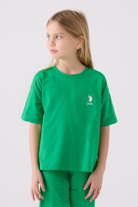 U.S. Polo Assn. Kız Çocuk Pamuklu Bisiklet Yaka Sargı Nakışlı Yazlık Regular Fit Yeşil Bermuda Takım US1848-C-V1 - 2