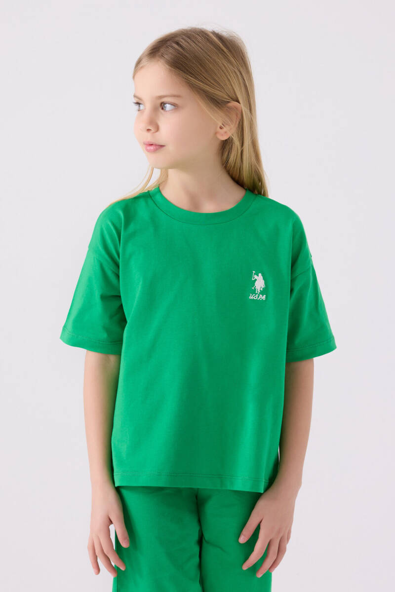 U.S. Polo Assn. Kız Çocuk Pamuklu Bisiklet Yaka Sargı Nakışlı Yazlık Regular Fit Yeşil Bermuda Takım US1848-C-V1 - 2