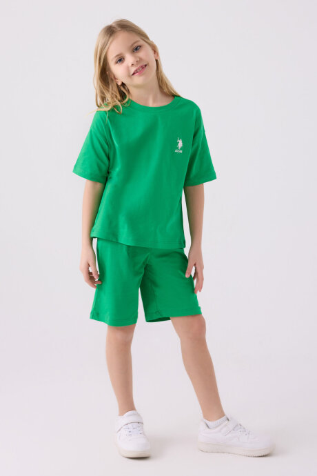 U.S. Polo Assn. Kız Çocuk Pamuklu Bisiklet Yaka Sargı Nakışlı Yazlık Regular Fit Yeşil Bermuda Takım US1848-C-V1 - 3
