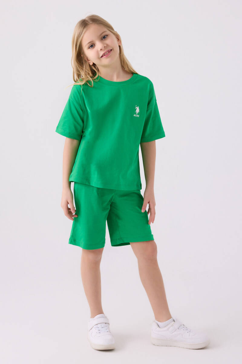 U.S. Polo Assn. Kız Çocuk Pamuklu Bisiklet Yaka Sargı Nakışlı Yazlık Regular Fit Yeşil Bermuda Takım US1848-C-V1 - 3