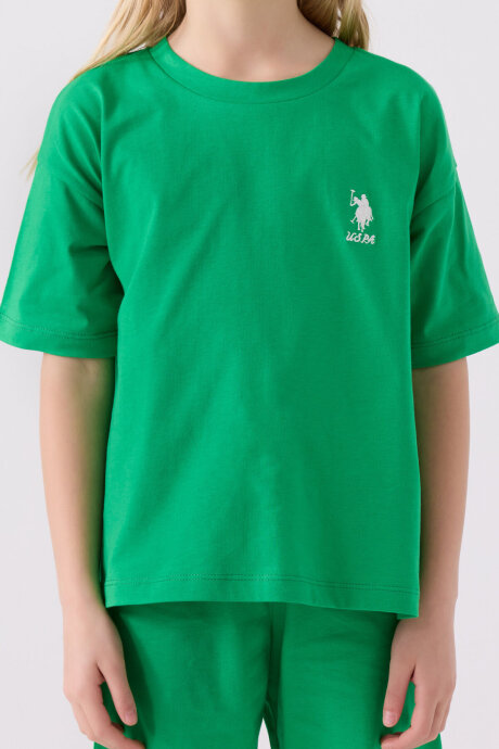 U.S. Polo Assn. Kız Çocuk Pamuklu Bisiklet Yaka Sargı Nakışlı Yazlık Regular Fit Yeşil Bermuda Takım US1848-C-V1 - 4