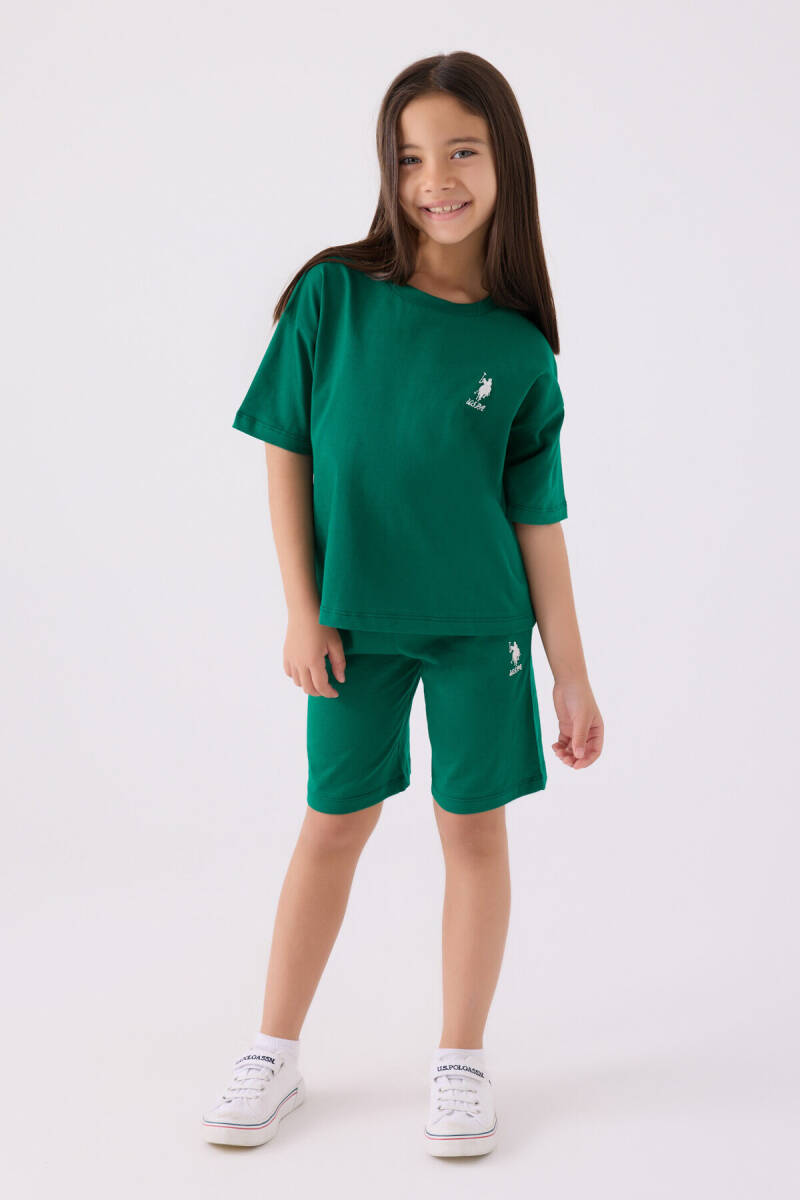 U.S. Polo Assn. Kız Çocuk Pamuklu Bisiklet Yaka Sargı Nakışlı Yazlık Regular Fit Yeşil Bermuda Takım US1848-C-V10 - 1