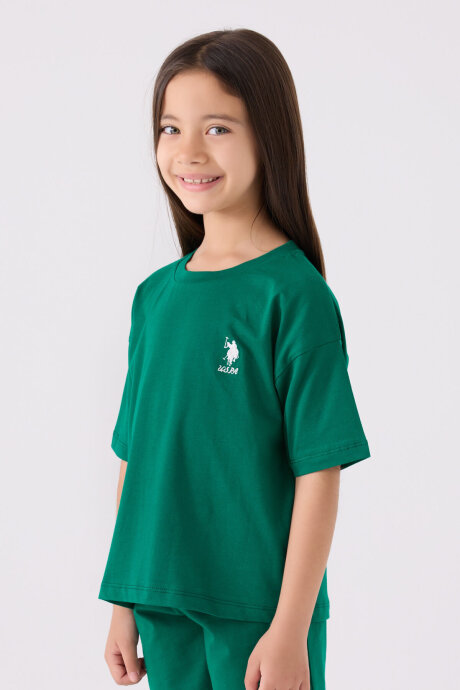 U.S. Polo Assn. Kız Çocuk Pamuklu Bisiklet Yaka Sargı Nakışlı Yazlık Regular Fit Yeşil Bermuda Takım US1848-C-V10 - 2