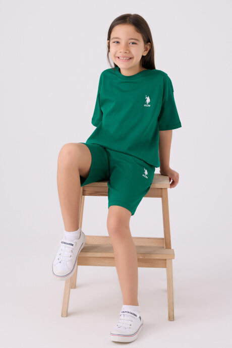 U.S. Polo Assn. Kız Çocuk Pamuklu Bisiklet Yaka Sargı Nakışlı Yazlık Regular Fit Yeşil Bermuda Takım US1848-C-V10 - 3