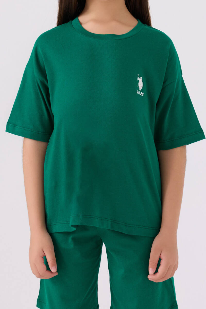 U.S. Polo Assn. Kız Çocuk Pamuklu Bisiklet Yaka Sargı Nakışlı Yazlık Regular Fit Yeşil Bermuda Takım US1848-C-V10 - 4