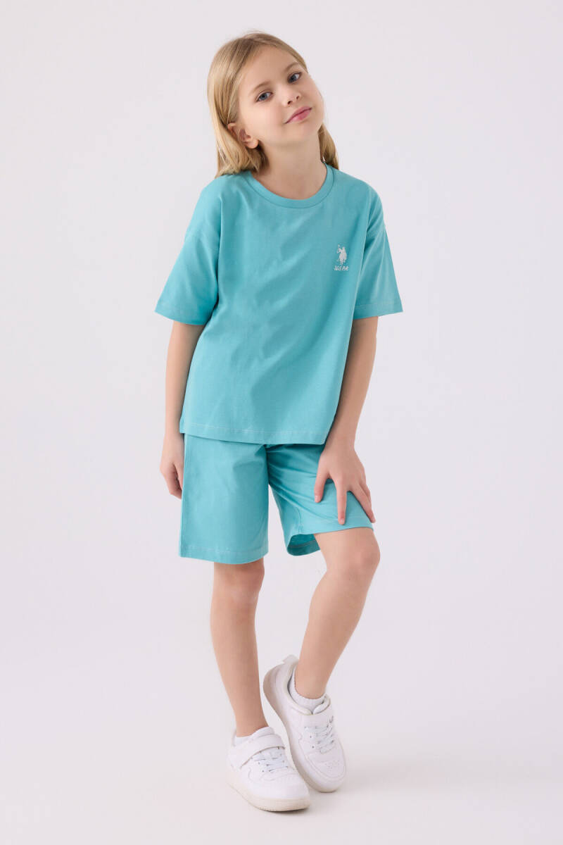 U.S. Polo Assn. Kız Çocuk Pamuklu Bisiklet Yaka Sargı Nakışlı Yazlık Regular Fit Mavi Bermuda Takım US1848-C-V11 - 1