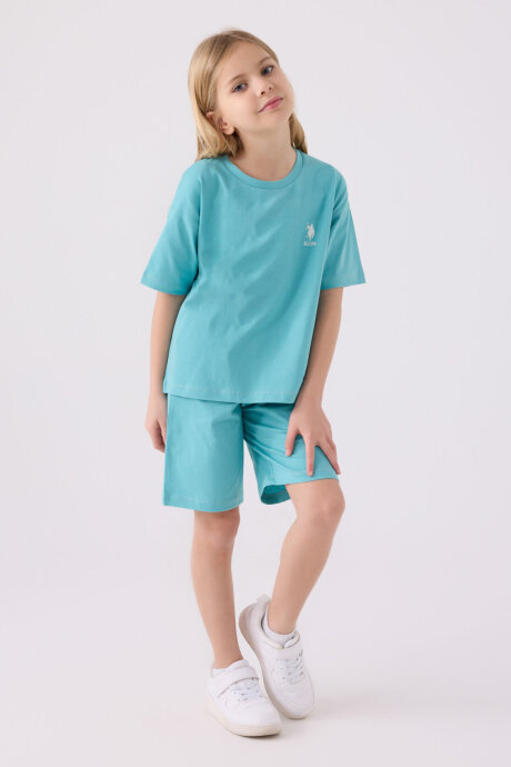U.S. Polo Assn. Kız Çocuk Bisiklet Yaka Sargı Nakışlı Yazlık Regular Fit Mavi Bermuda Takım US1848-C-V11 