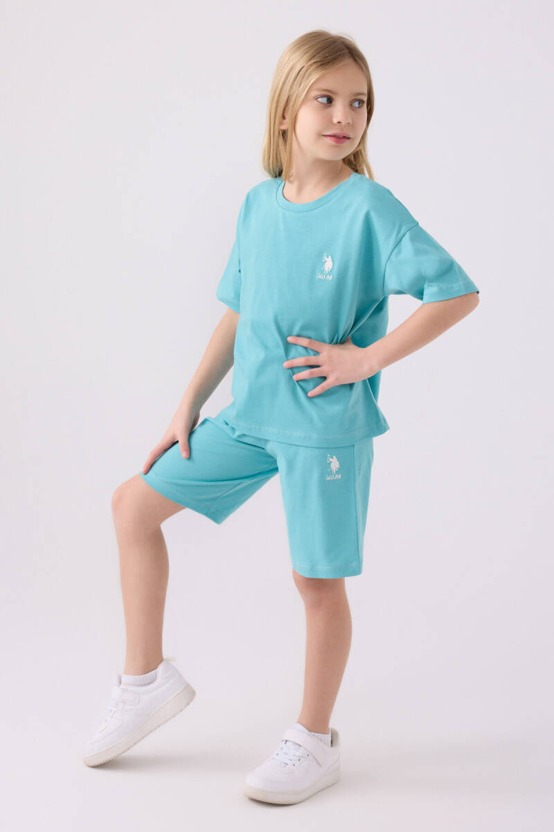 U.S. Polo Assn. Kız Çocuk Bisiklet Yaka Sargı Nakışlı Yazlık Regular Fit Mavi Bermuda Takım US1848-C-V11 - 3
