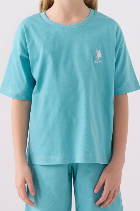 U.S. Polo Assn. Kız Çocuk Bisiklet Yaka Sargı Nakışlı Yazlık Regular Fit Mavi Bermuda Takım US1848-C-V11 - 4