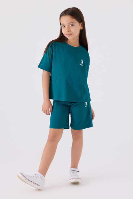 U.S. Polo Assn. Kız Çocuk Pamuklu Bisiklet Yaka Sargı Nakışlı Yazlık Regular Fit Yeşil Bermuda Takım US1848-C-V15