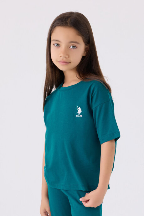 U.S. Polo Assn. Kız Çocuk Pamuklu Bisiklet Yaka Sargı Nakışlı Yazlık Regular Fit Yeşil Bermuda Takım US1848-C-V15 - 2