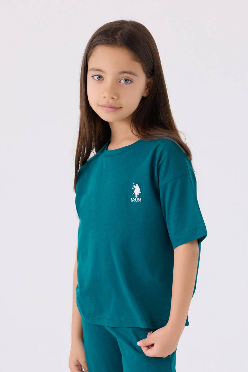 U.S. Polo Assn. Kız Çocuk Pamuklu Bisiklet Yaka Sargı Nakışlı Yazlık Regular Fit Yeşil Bermuda Takım US1848-C-V15 - 2