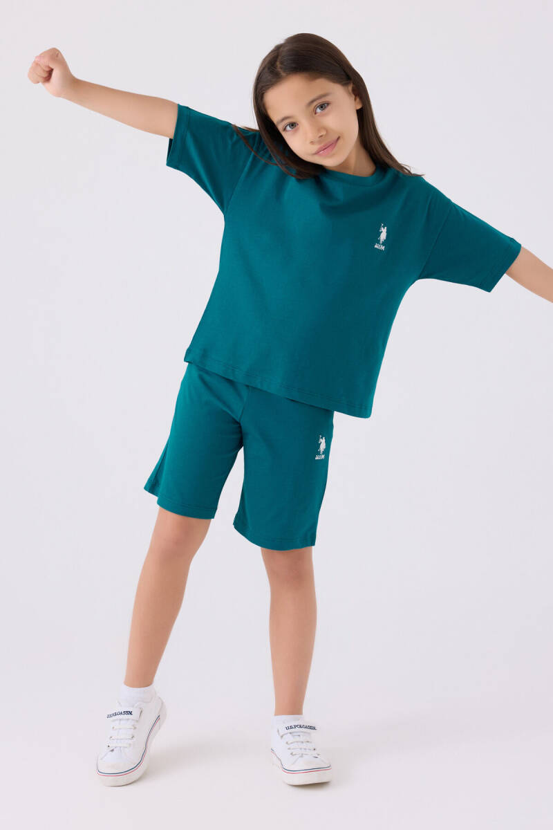 U.S. Polo Assn. Kız Çocuk Pamuklu Bisiklet Yaka Sargı Nakışlı Yazlık Regular Fit Yeşil Bermuda Takım US1848-C-V15 - 3