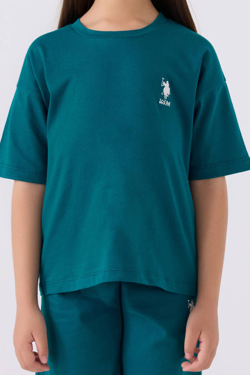 U.S. Polo Assn. Kız Çocuk Pamuklu Bisiklet Yaka Sargı Nakışlı Yazlık Regular Fit Yeşil Bermuda Takım US1848-C-V15 - 4
